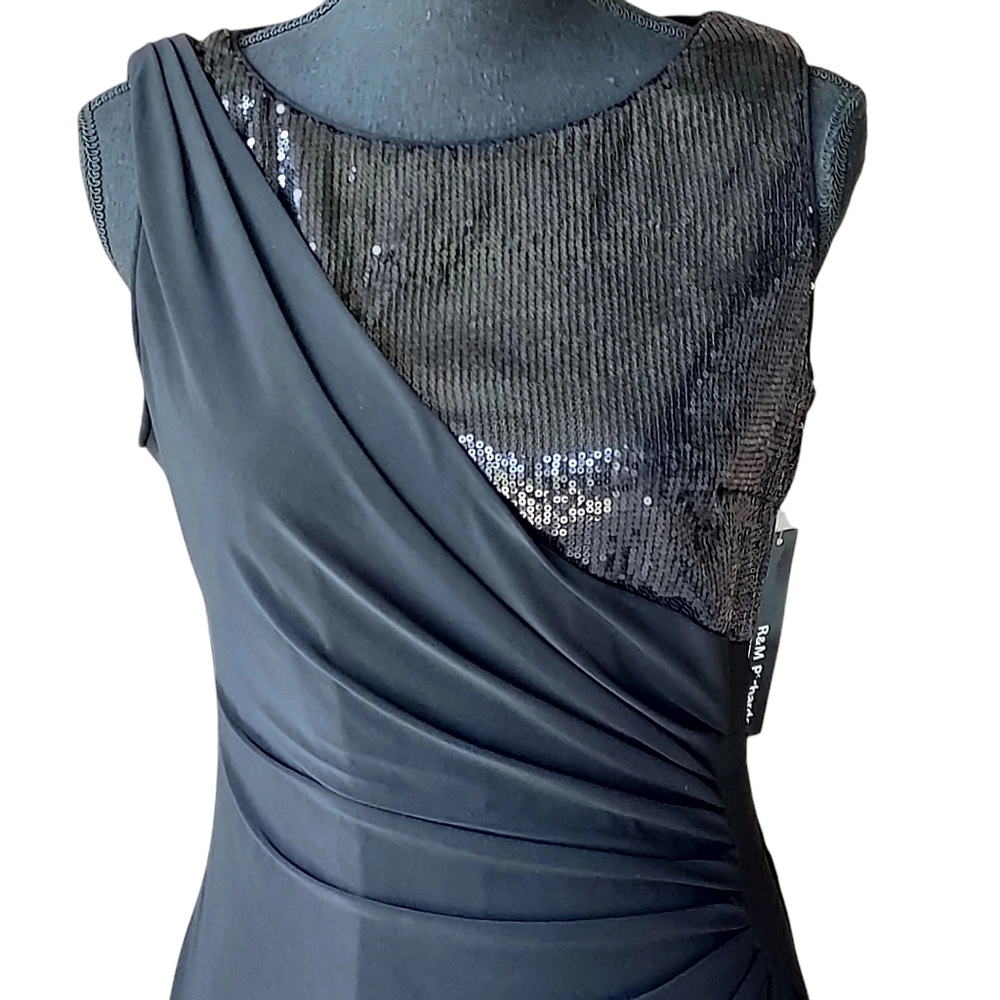 R&M Richards 8 Black Sequin Ruching Stretch Regal Princess Midi Formal NWT NEW